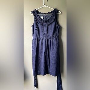 J Crew Navy Ruffle Neck Sleeveless Sheath Dress Size 8 Knee Length Cotton Pocket